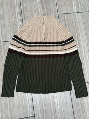 Carolyn Taylor Ribbed Half-Zip Turtleneck in Beige, Olive & Brown